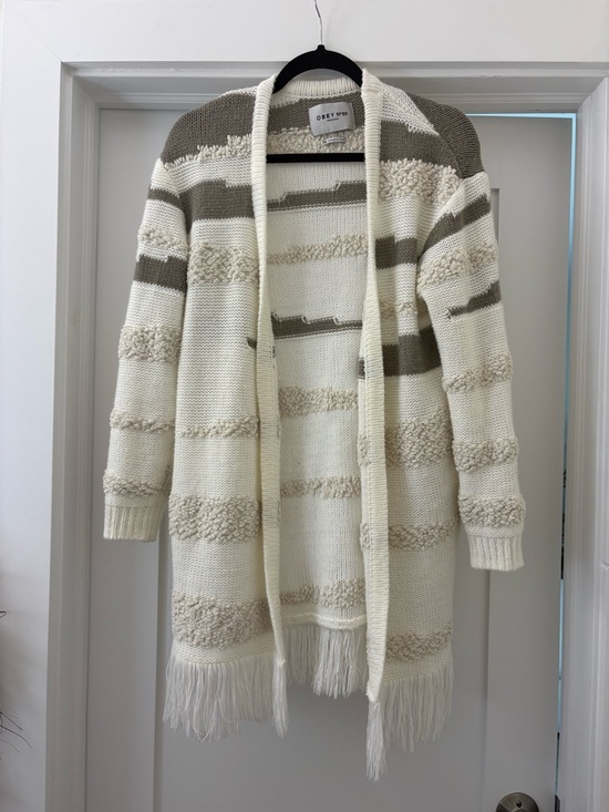 Obey Sweaters - Obey Cream and Taupe Striped Fringe Open Cardigan
